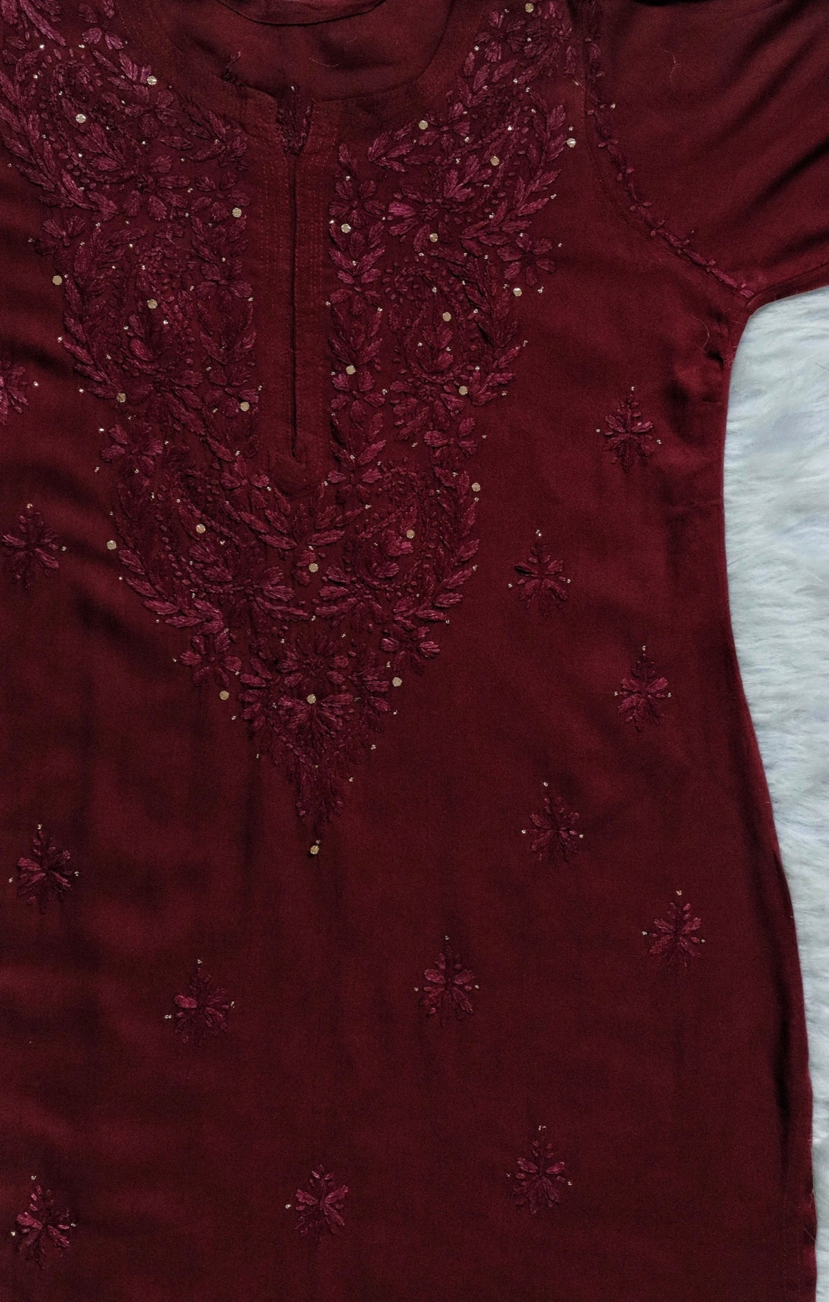 Dark Maroon Rayon Kurta with Self Chikankari &amp; Mukesh Work
