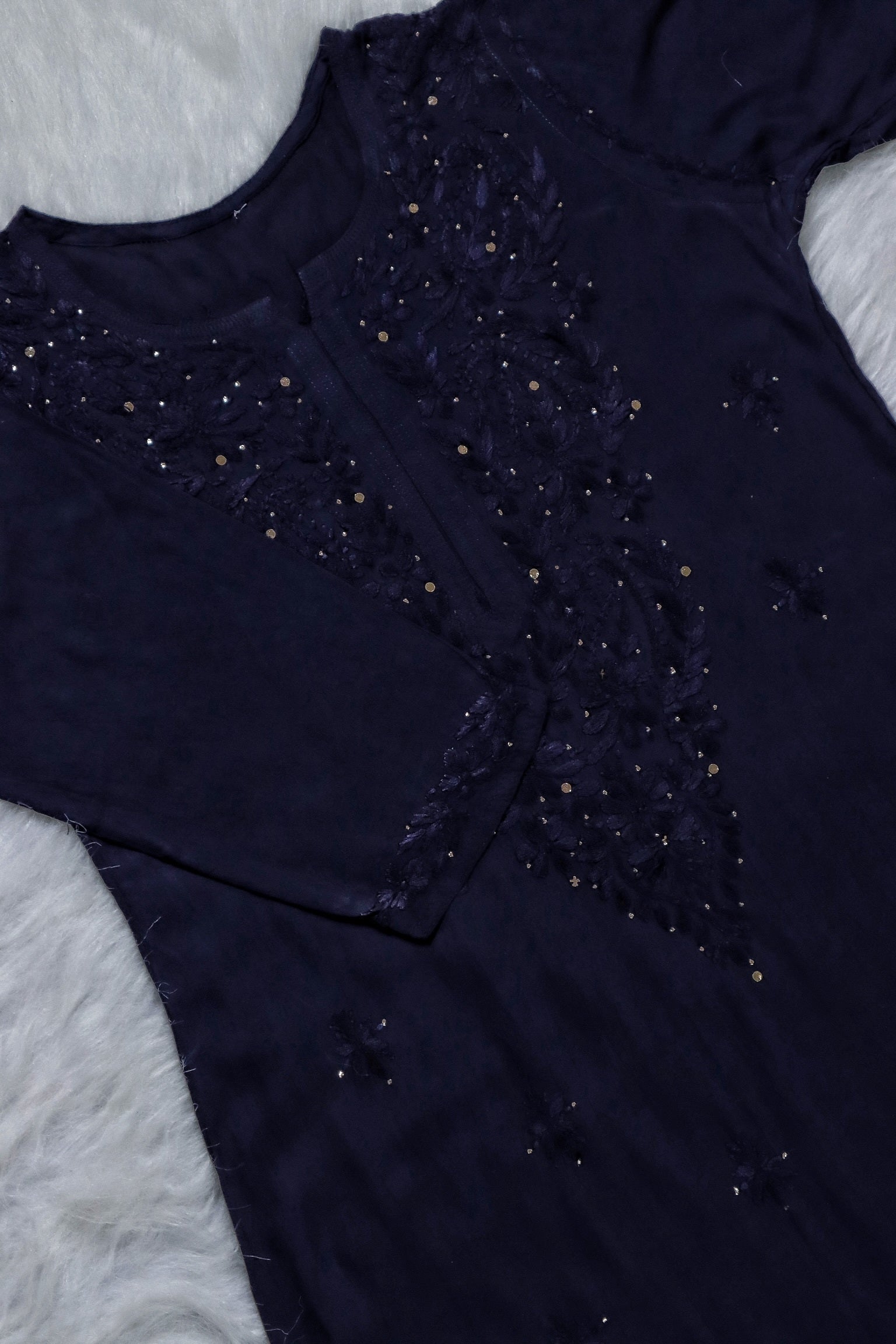 Navy Blue Rayon Kurta with Self Chikankari & Mukesh Work