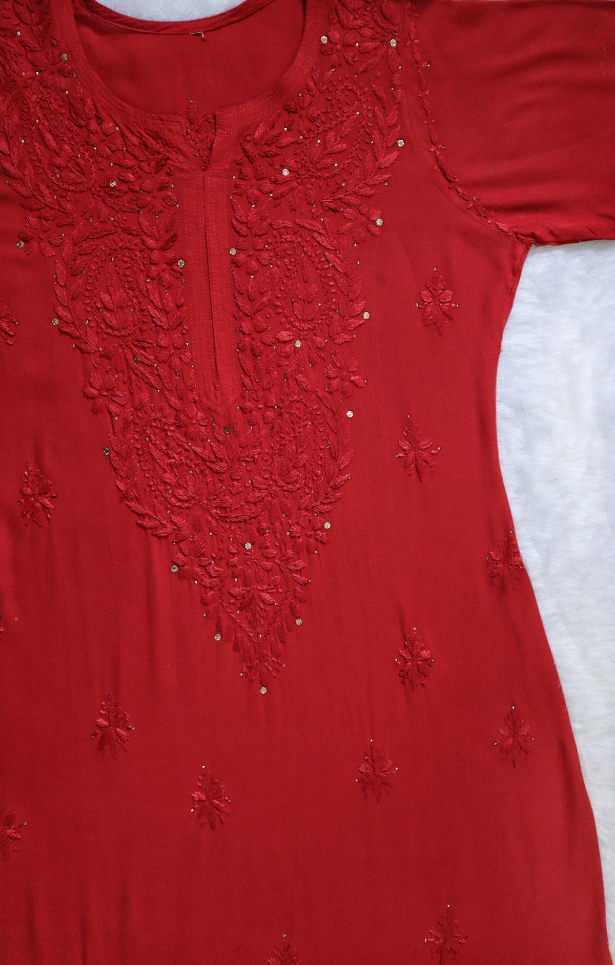 Red Rayon Kurta with Self Chikankari &amp; Mukesh Work 