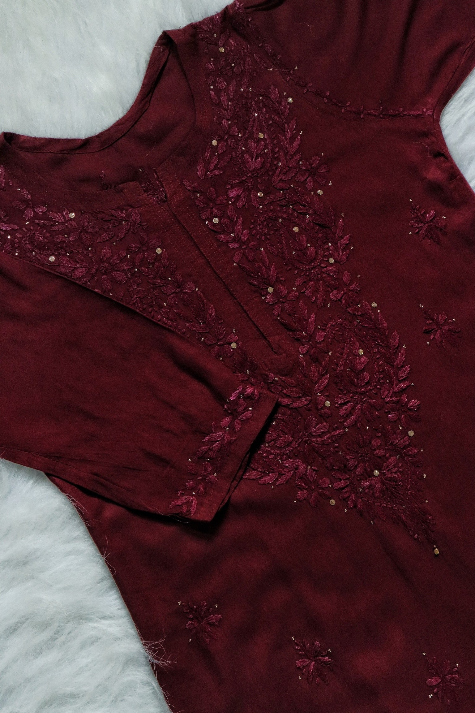 Dark Maroon Rayon Kurta with Self Chikankari & Mukesh Work